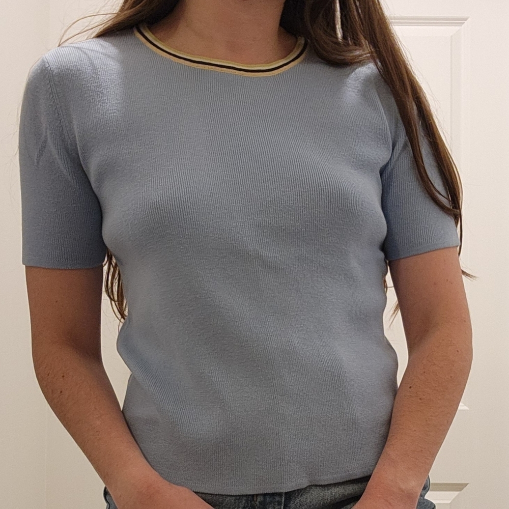 Vintage Sag Harbor Sky Blue Knit Tee With Striped Crewneck Collar